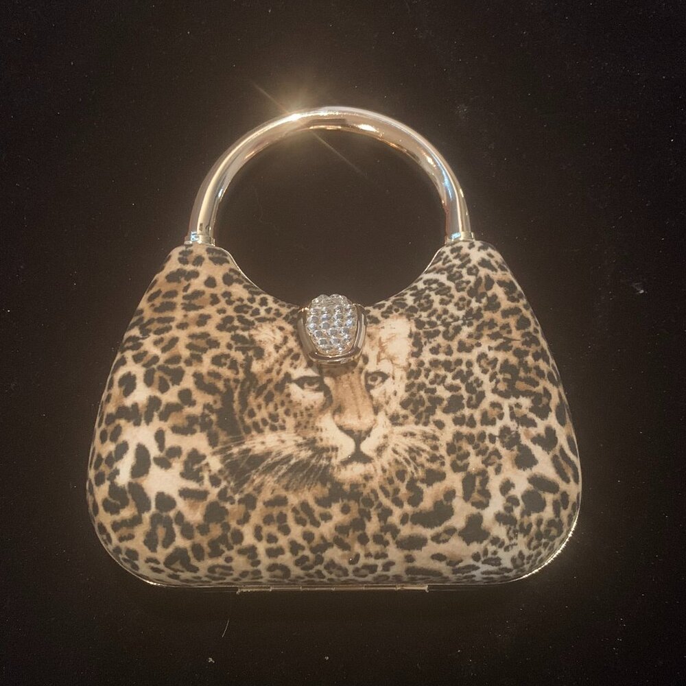Leopard Print Bejewelled Evening Bag with Chain Strap